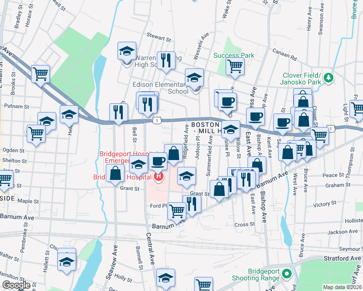 map of restaurants, bars, coffee shops, grocery stores, and more near 343 Ridgefield Avenue in Bridgeport