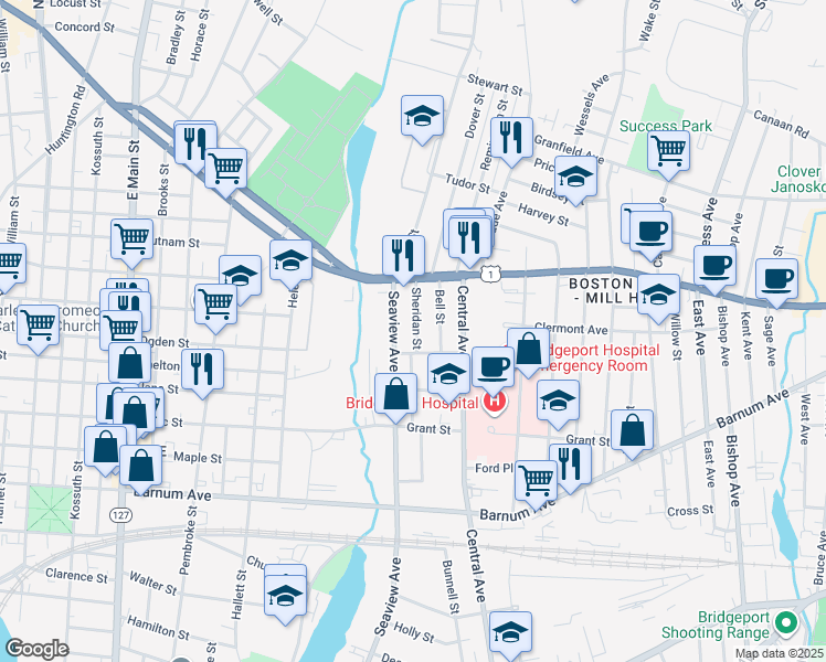 map of restaurants, bars, coffee shops, grocery stores, and more near 2084 Seaview Avenue in Bridgeport