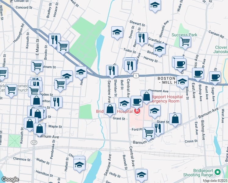 map of restaurants, bars, coffee shops, grocery stores, and more near 2084 Seaview Avenue in Bridgeport
