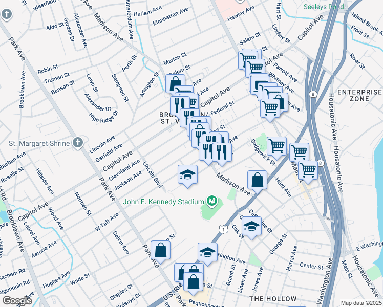 map of restaurants, bars, coffee shops, grocery stores, and more near 28 Taft Avenue in Bridgeport