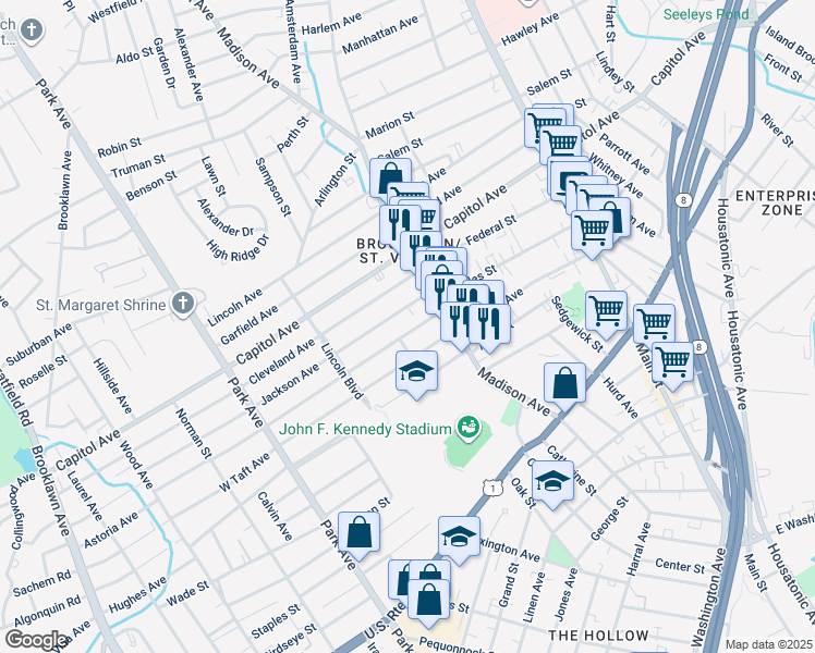 map of restaurants, bars, coffee shops, grocery stores, and more near 93 McKinley Avenue in Bridgeport