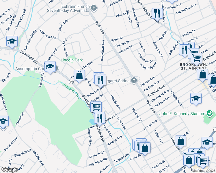 map of restaurants, bars, coffee shops, grocery stores, and more near 29 Bick Terrace in Bridgeport