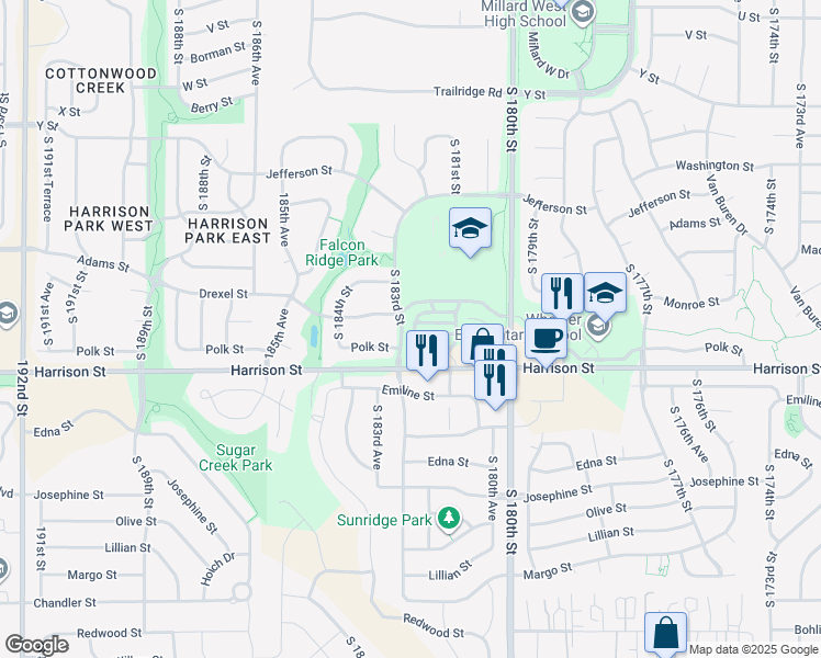 map of restaurants, bars, coffee shops, grocery stores, and more near 18304 Polk Street in Omaha