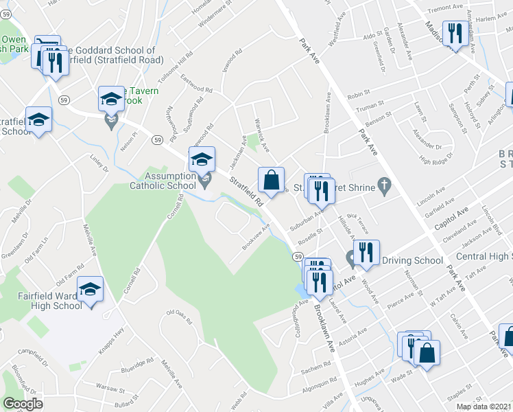 map of restaurants, bars, coffee shops, grocery stores, and more near 369 Stratfield Road in Fairfield