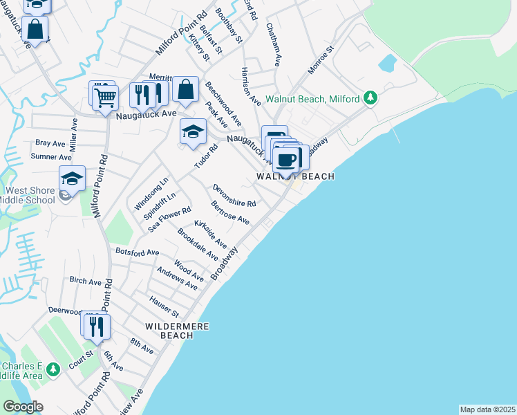 map of restaurants, bars, coffee shops, grocery stores, and more near 11 Bertrose Avenue in Milford