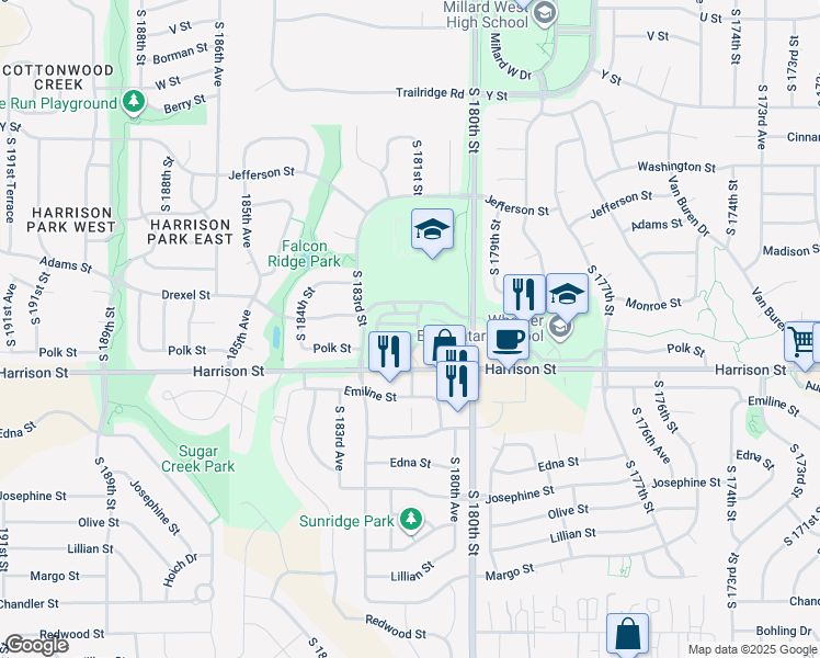 map of restaurants, bars, coffee shops, grocery stores, and more near 18157 Hayes Court in Omaha