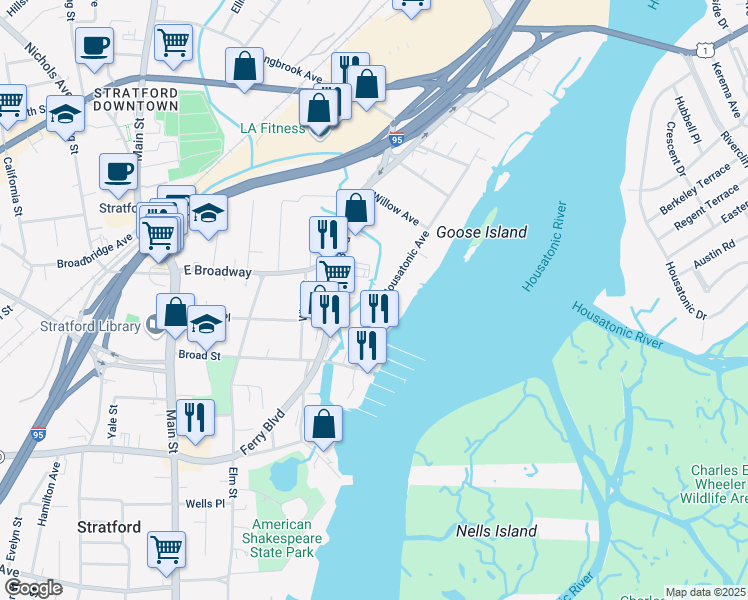 map of restaurants, bars, coffee shops, grocery stores, and more near 121 Housatonic Avenue in Stratford