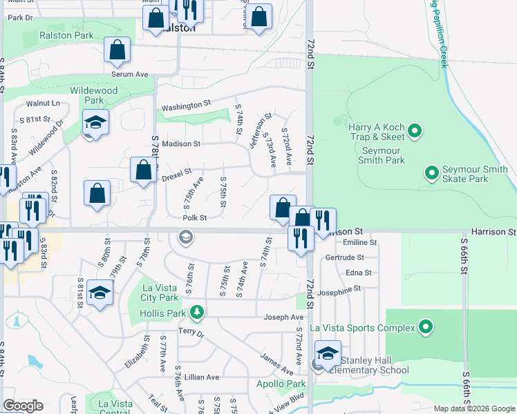 map of restaurants, bars, coffee shops, grocery stores, and more near 6756 South 73rd Street Circle in Ralston