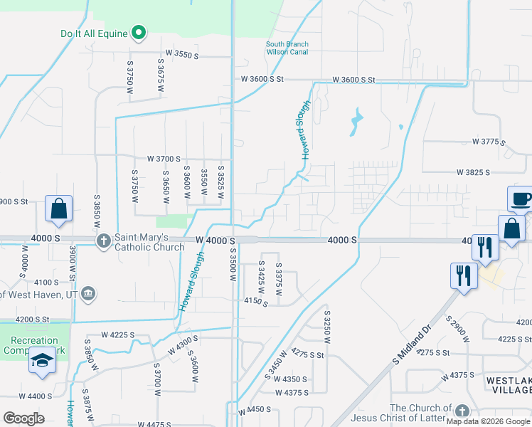map of restaurants, bars, coffee shops, grocery stores, and more near 3416 West 3950 South in West Haven