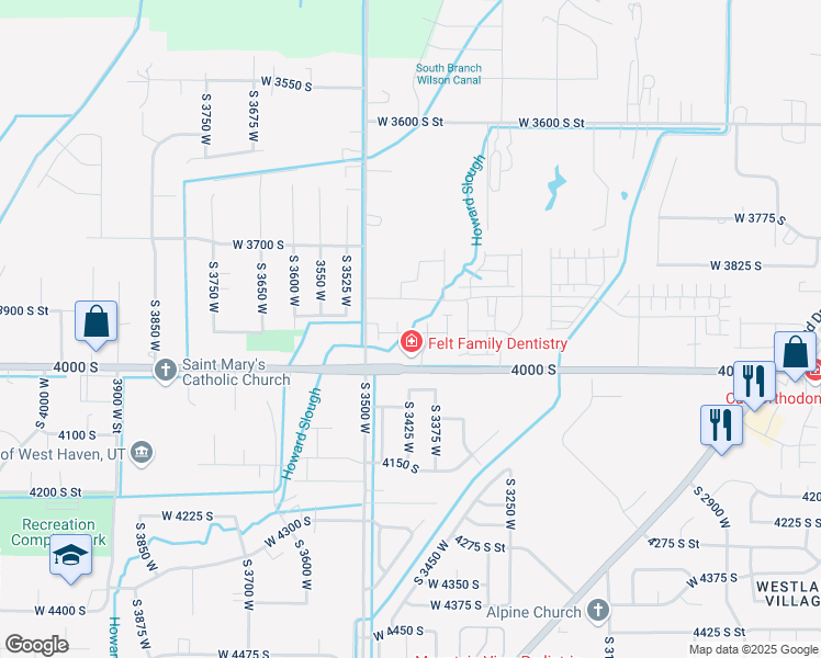 map of restaurants, bars, coffee shops, grocery stores, and more near 3428 West 3950 South in West Haven