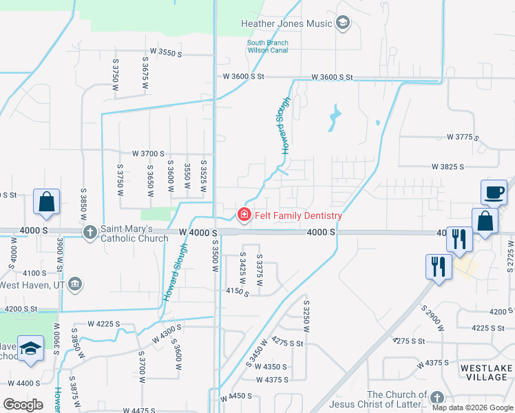 map of restaurants, bars, coffee shops, grocery stores, and more near 3942 South 3400 West in West Haven
