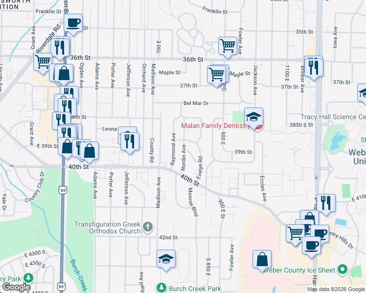 map of restaurants, bars, coffee shops, grocery stores, and more near 836 Mc Farland Street in Ogden