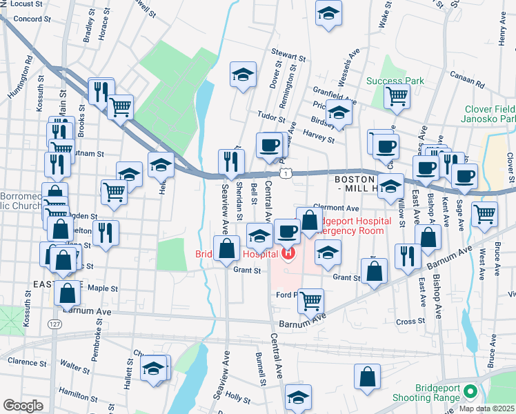 map of restaurants, bars, coffee shops, grocery stores, and more near 19 Bell Street in Bridgeport