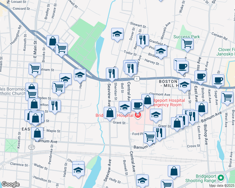 map of restaurants, bars, coffee shops, grocery stores, and more near 19 Bell Street in Bridgeport