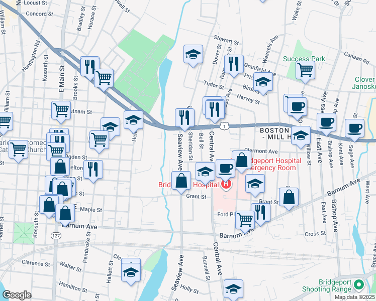 map of restaurants, bars, coffee shops, grocery stores, and more near 2084 Seaview Avenue in Bridgeport