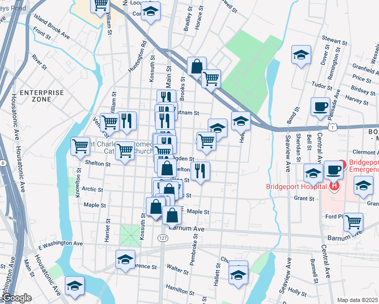 map of restaurants, bars, coffee shops, grocery stores, and more near 547 Ogden Street in Bridgeport