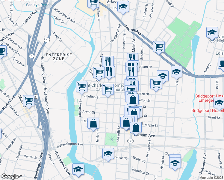map of restaurants, bars, coffee shops, grocery stores, and more near 292 Ogden Street in Bridgeport