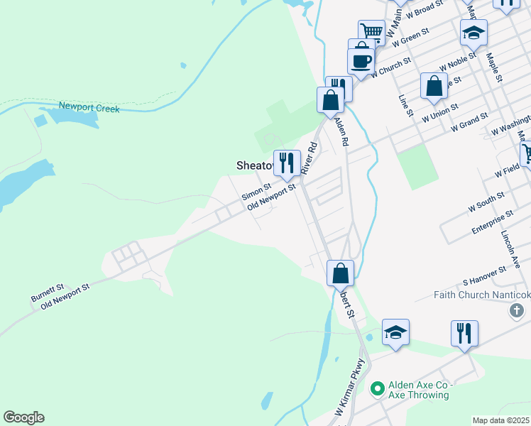 map of restaurants, bars, coffee shops, grocery stores, and more near 159 Old Newport Street in Nanticoke