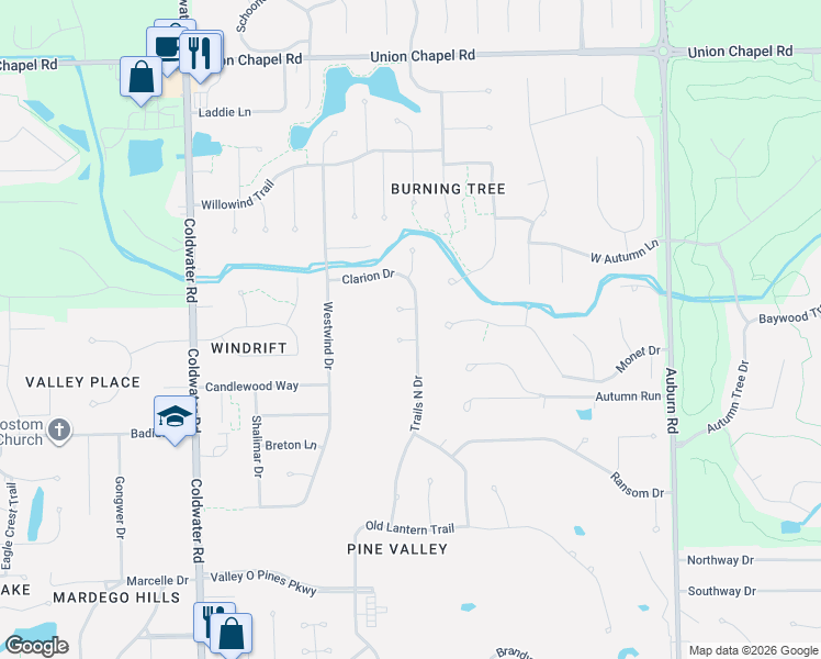 map of restaurants, bars, coffee shops, grocery stores, and more near 11514 Trails North Drive in Fort Wayne