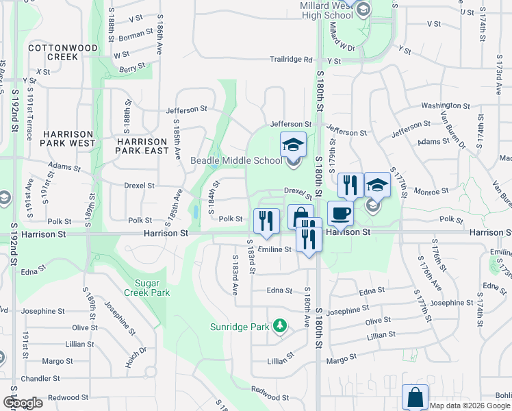 map of restaurants, bars, coffee shops, grocery stores, and more near 18304 Polk Street in Omaha