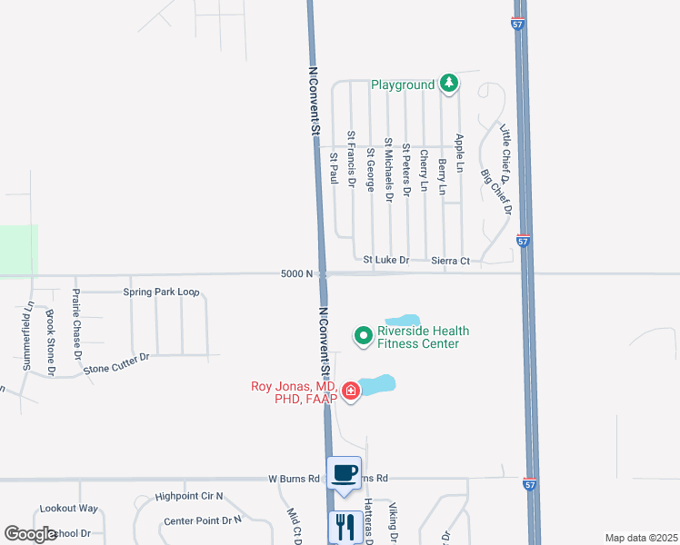 map of restaurants, bars, coffee shops, grocery stores, and more near 47 Saint George Road in Bourbonnais