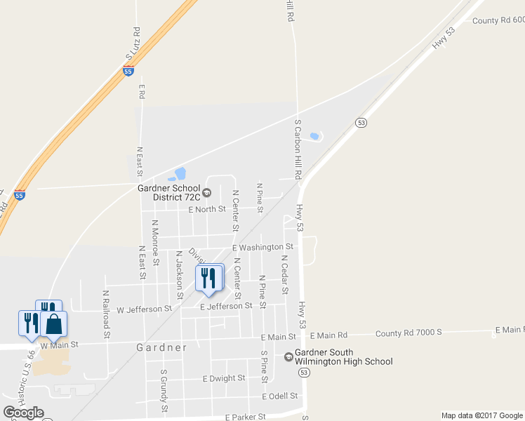 map of restaurants, bars, coffee shops, grocery stores, and more near 414 North Pine Street in Gardner