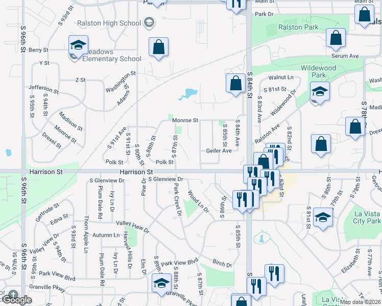 map of restaurants, bars, coffee shops, grocery stores, and more near 6741 Woodbine Circle in Omaha
