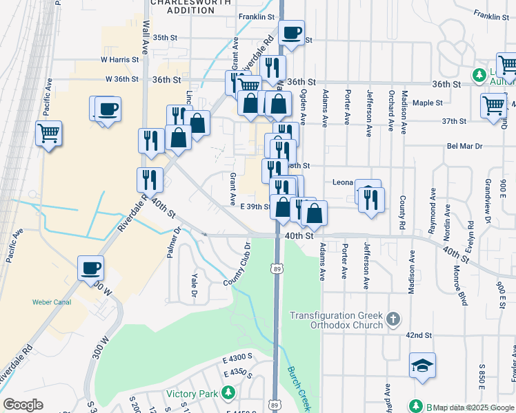 map of restaurants, bars, coffee shops, grocery stores, and more near East 39th Street in South Ogden