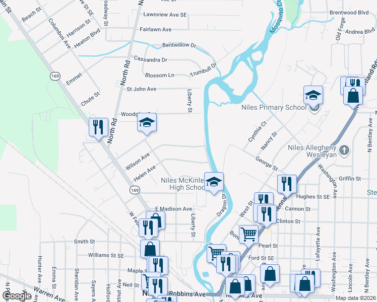 map of restaurants, bars, coffee shops, grocery stores, and more near 189 Helen Avenue in Niles