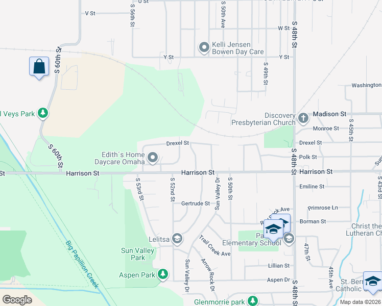 map of restaurants, bars, coffee shops, grocery stores, and more near 6730 South 51st Street in Omaha