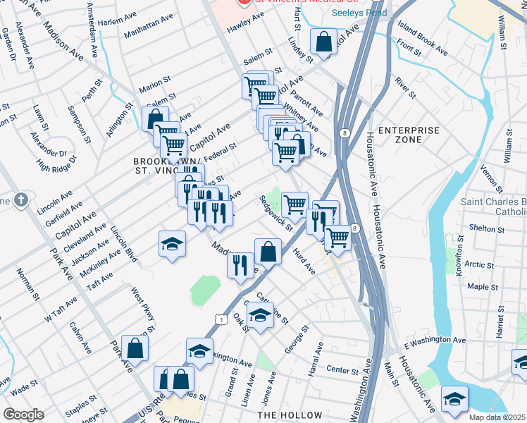 map of restaurants, bars, coffee shops, grocery stores, and more near 59 Beers Street in Bridgeport