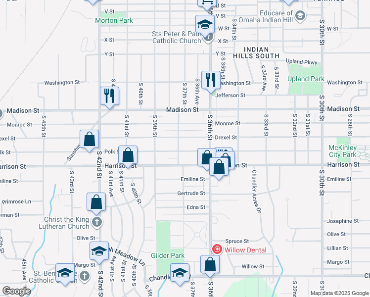 map of restaurants, bars, coffee shops, grocery stores, and more near 3646 Polk Street in Omaha