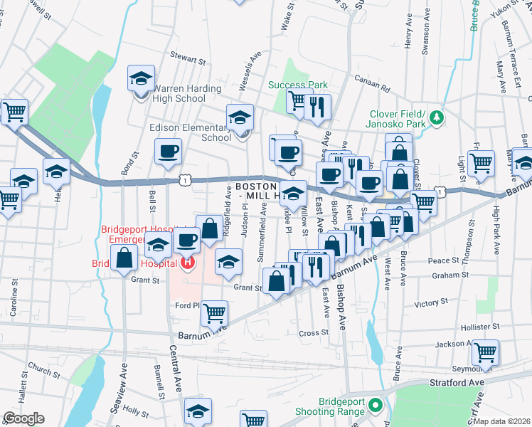 map of restaurants, bars, coffee shops, grocery stores, and more near 265 Prince Street in Bridgeport