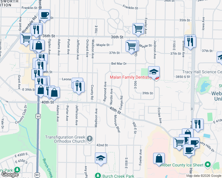 map of restaurants, bars, coffee shops, grocery stores, and more near 836 Mc Farland Street in Ogden