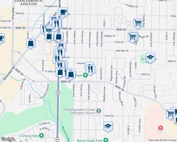 map of restaurants, bars, coffee shops, grocery stores, and more near 585 39th Street in South Ogden