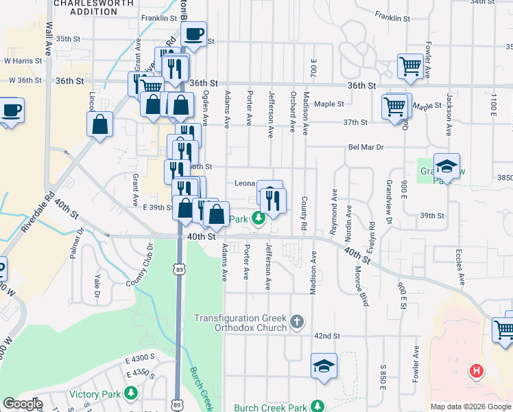 map of restaurants, bars, coffee shops, grocery stores, and more near 585 39th Street in South Ogden