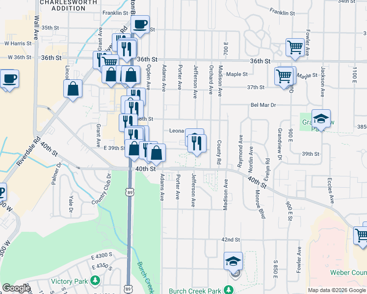 map of restaurants, bars, coffee shops, grocery stores, and more near 585 39th Street in South Ogden