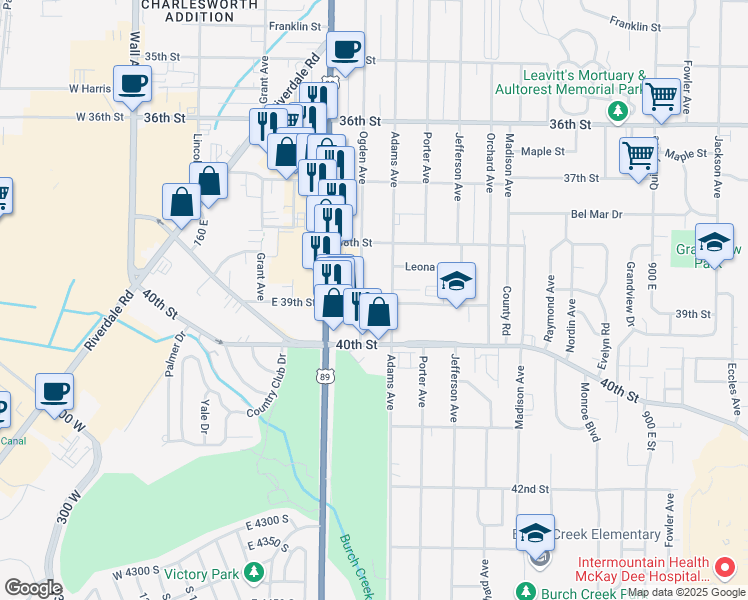 map of restaurants, bars, coffee shops, grocery stores, and more near 3901 Adams Avenue in Ogden