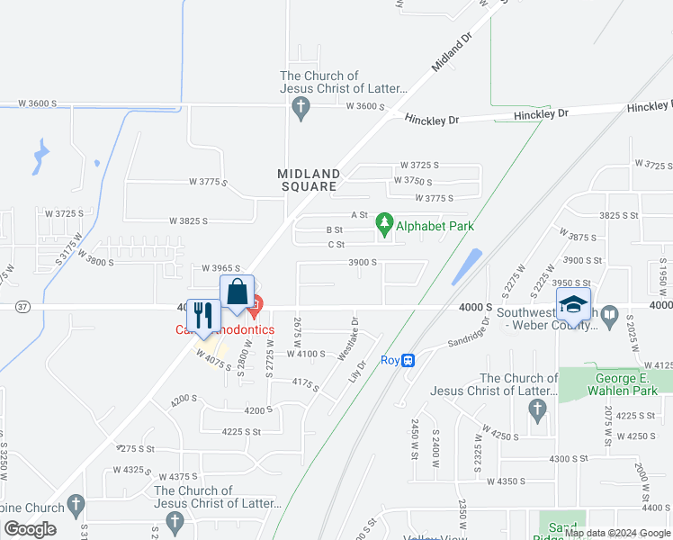 map of restaurants, bars, coffee shops, grocery stores, and more near 2602 West 3950 South in Roy