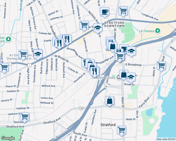 map of restaurants, bars, coffee shops, grocery stores, and more near 1315 West Broad Street in Stratford