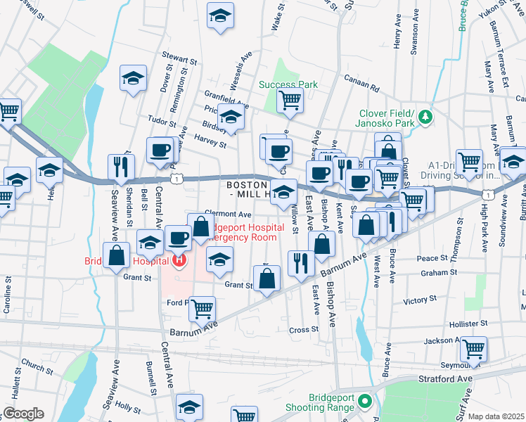 map of restaurants, bars, coffee shops, grocery stores, and more near 265 Prince Street in Bridgeport