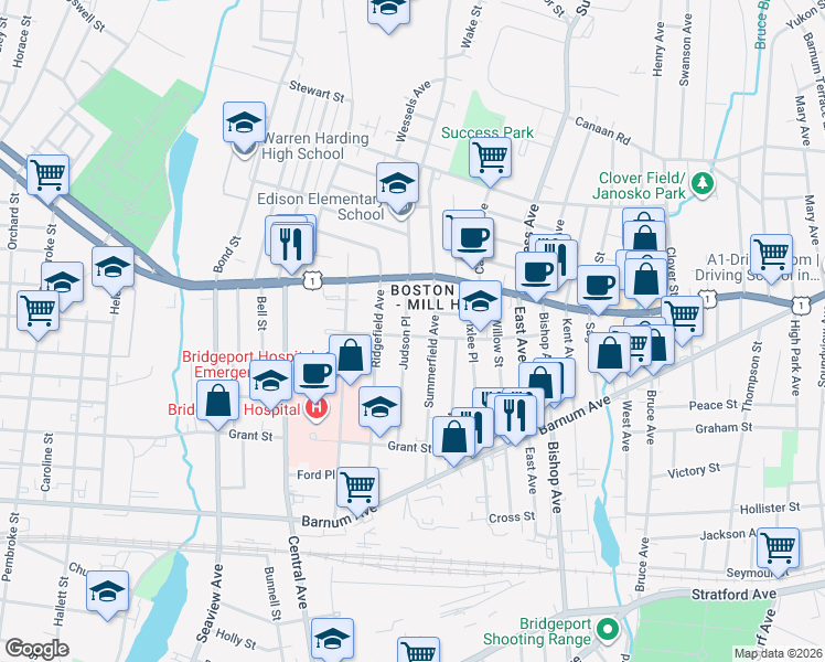 map of restaurants, bars, coffee shops, grocery stores, and more near 204 Judson Place in Bridgeport