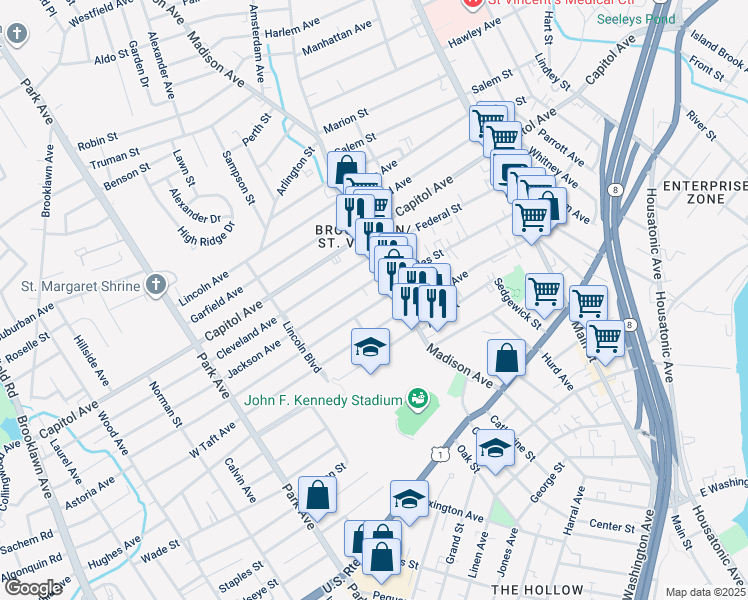 map of restaurants, bars, coffee shops, grocery stores, and more near 93 McKinley Avenue in Bridgeport