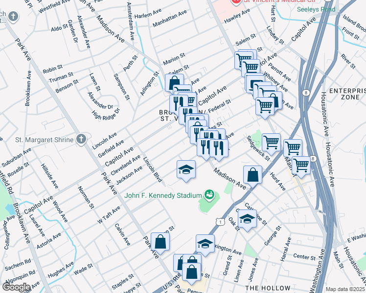 map of restaurants, bars, coffee shops, grocery stores, and more near 93 McKinley Avenue in Bridgeport