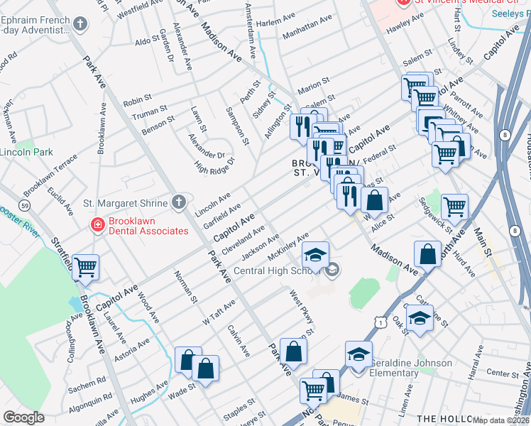 map of restaurants, bars, coffee shops, grocery stores, and more near 235 Cleveland Avenue in Bridgeport