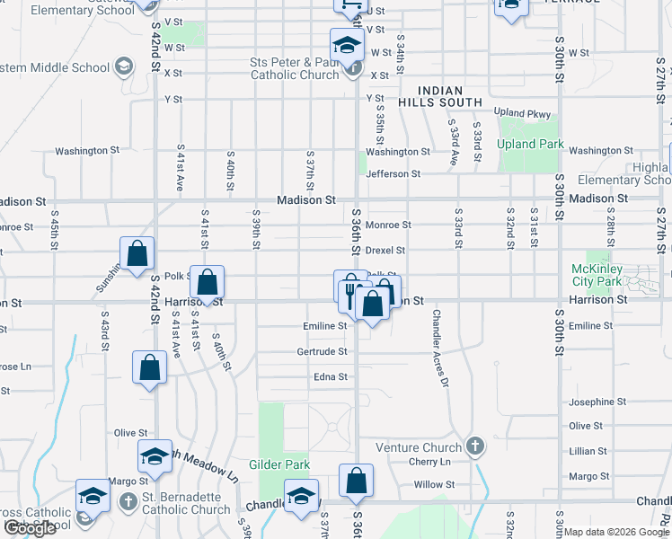 map of restaurants, bars, coffee shops, grocery stores, and more near 3613 Polk Street in Omaha