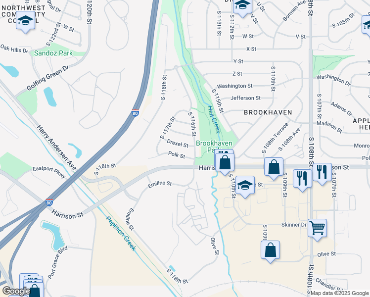 map of restaurants, bars, coffee shops, grocery stores, and more near 11631 Polk Street in Omaha