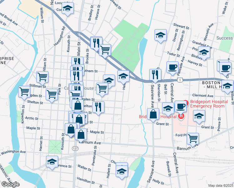 map of restaurants, bars, coffee shops, grocery stores, and more near 785 Ogden Street in Bridgeport