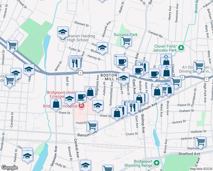 map of restaurants, bars, coffee shops, grocery stores, and more near 204 Judson Place in Bridgeport