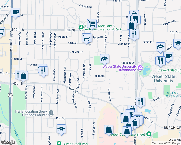 map of restaurants, bars, coffee shops, grocery stores, and more near 3864 South Quincy Avenue in Ogden
